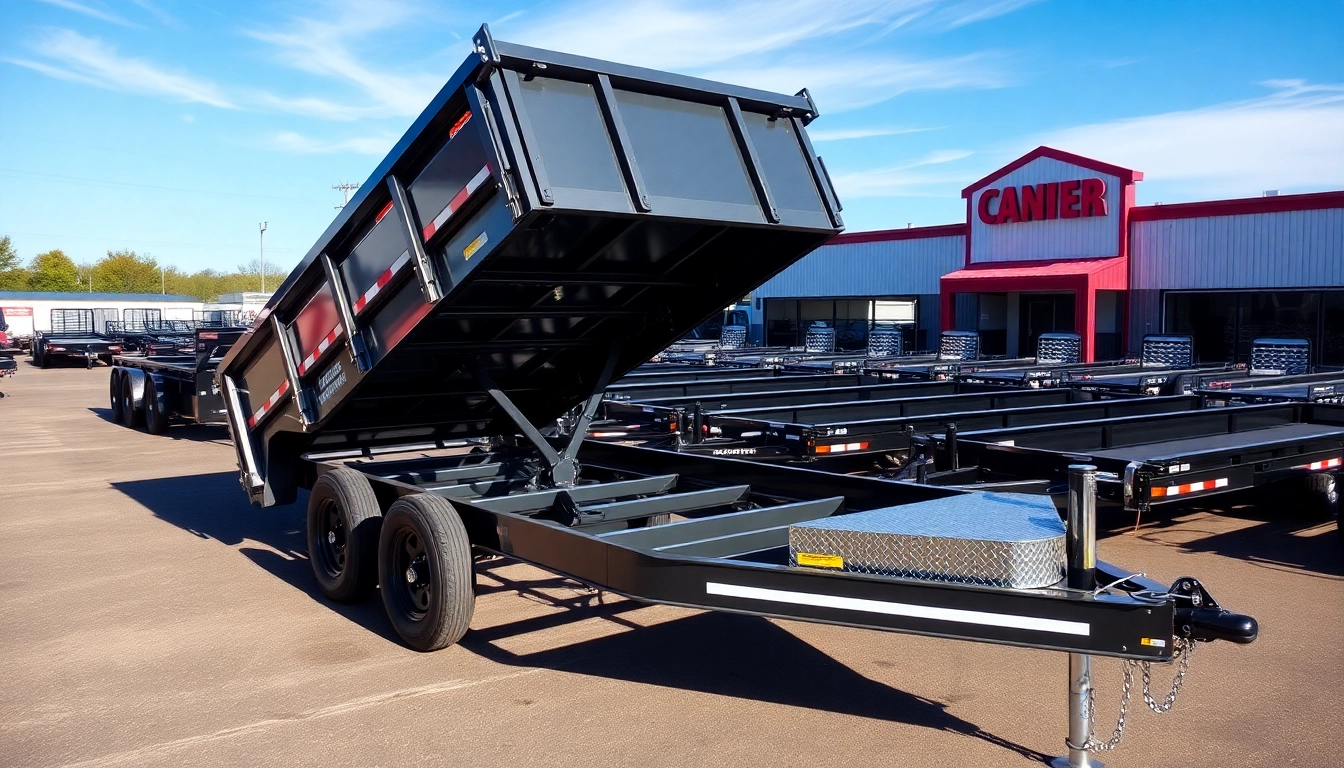 Showcase of hydraulic dump trailers for sale with various models highlighted in dealership setting.
