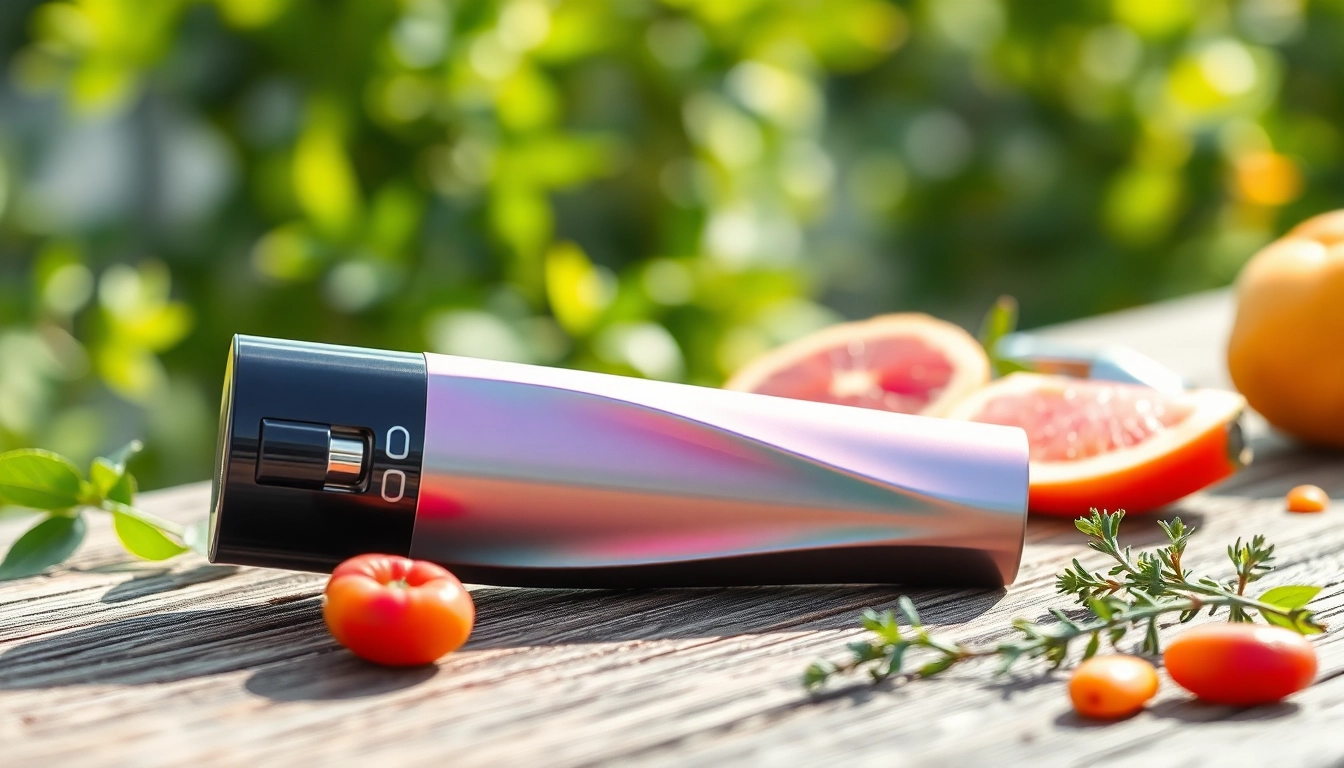 Showcasing a stylish zero nicotine disposable vape with vibrant colors on a wooden table.