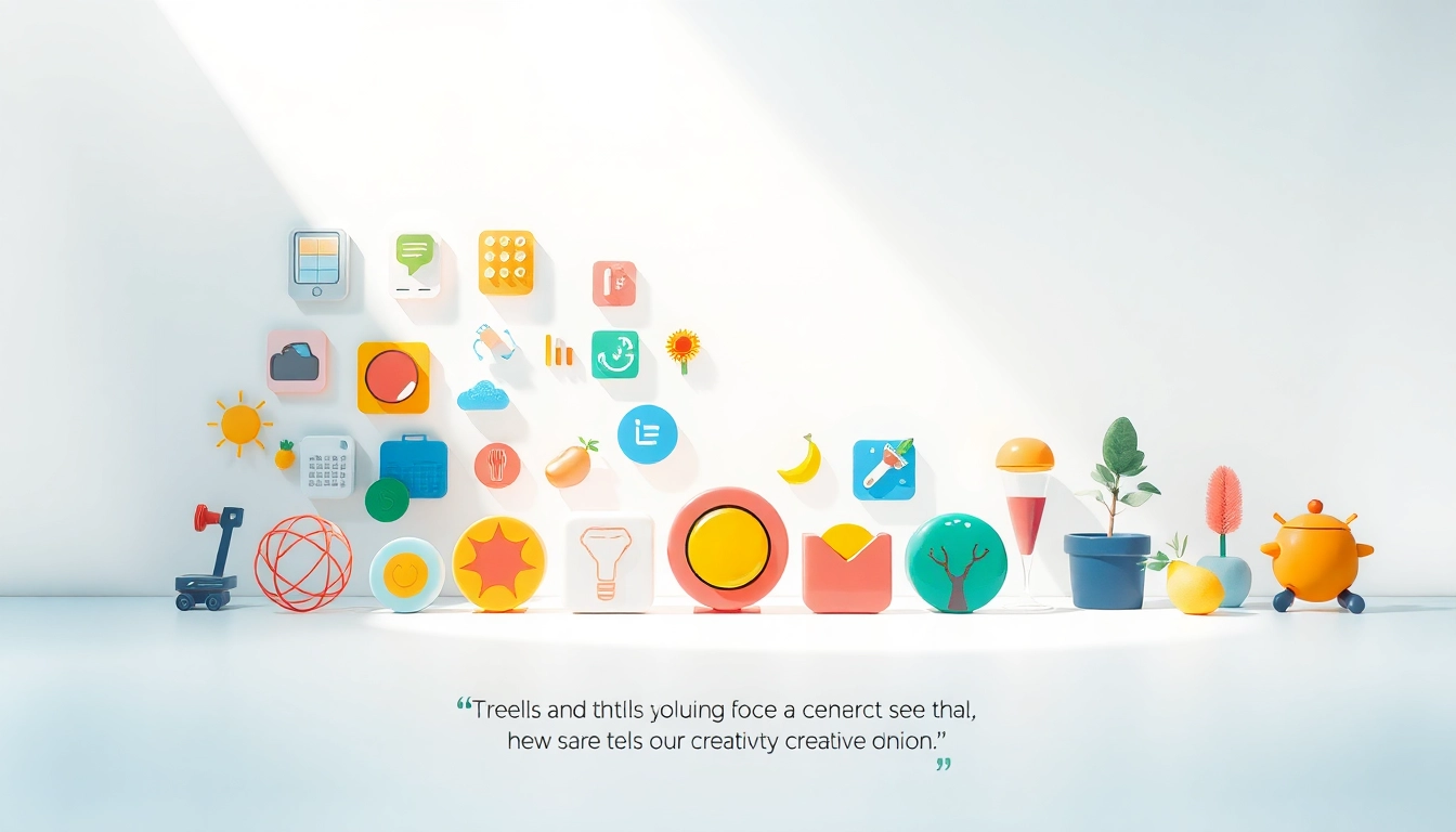 Showcase of diverse icons representing technology, food, and nature elements in a vibrant design.
