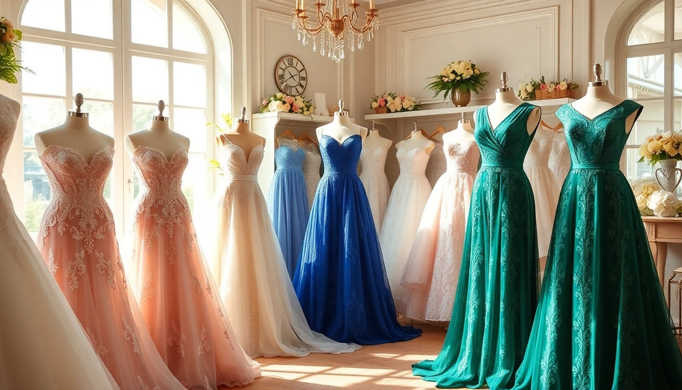 A beautiful display of coloured wedding dresses in a boutique, showcasing unique styles and rich colors.
