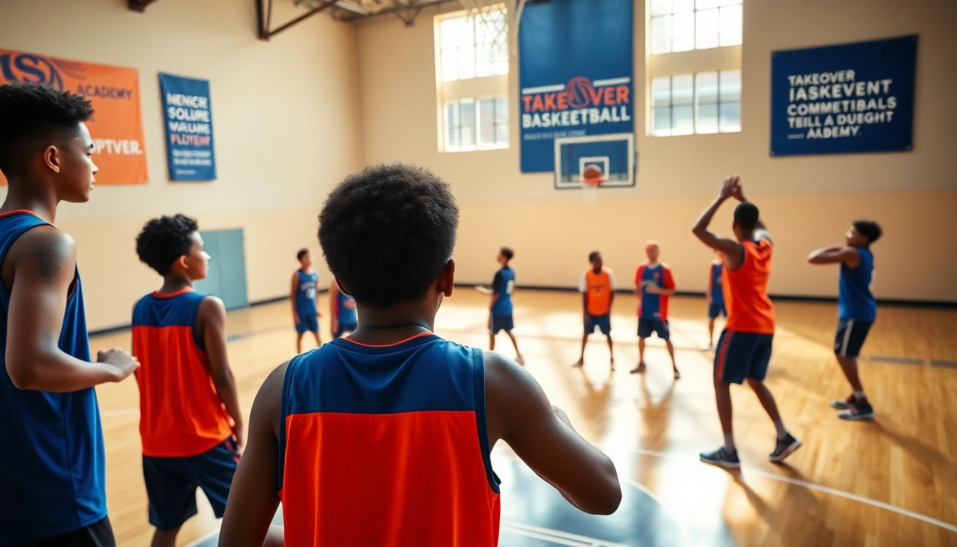 Young athletes training at Takeover Basketball Academy, showcasing teamwork and skill development.