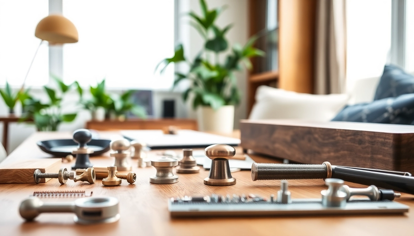 Showcase of furniture hardware manufacturers with elegant knobs and pulls in a stylish workspace.