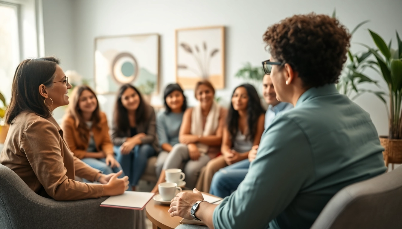 Engaging addiction counseling session with a diverse group of individuals in a warm and inviting office space.