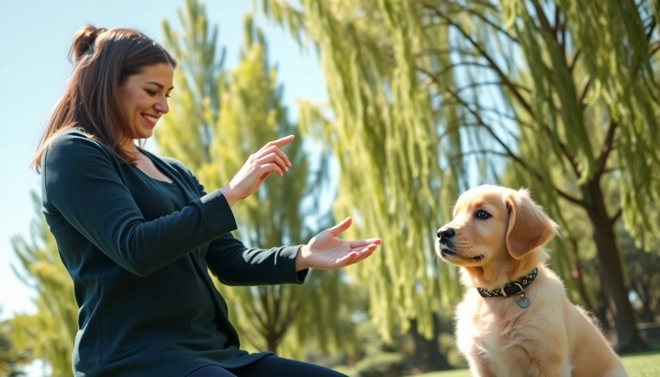 Engaged dog training session in Irvine showcasing a trainer with a golden retriever puppy.