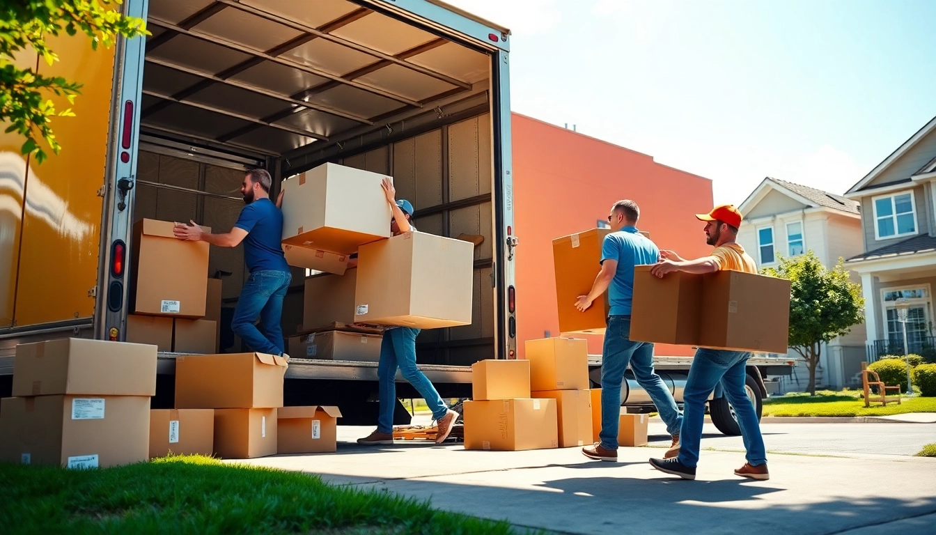 House moves featuring professional movers lifting furniture to a truck, in a bright suburban setting.