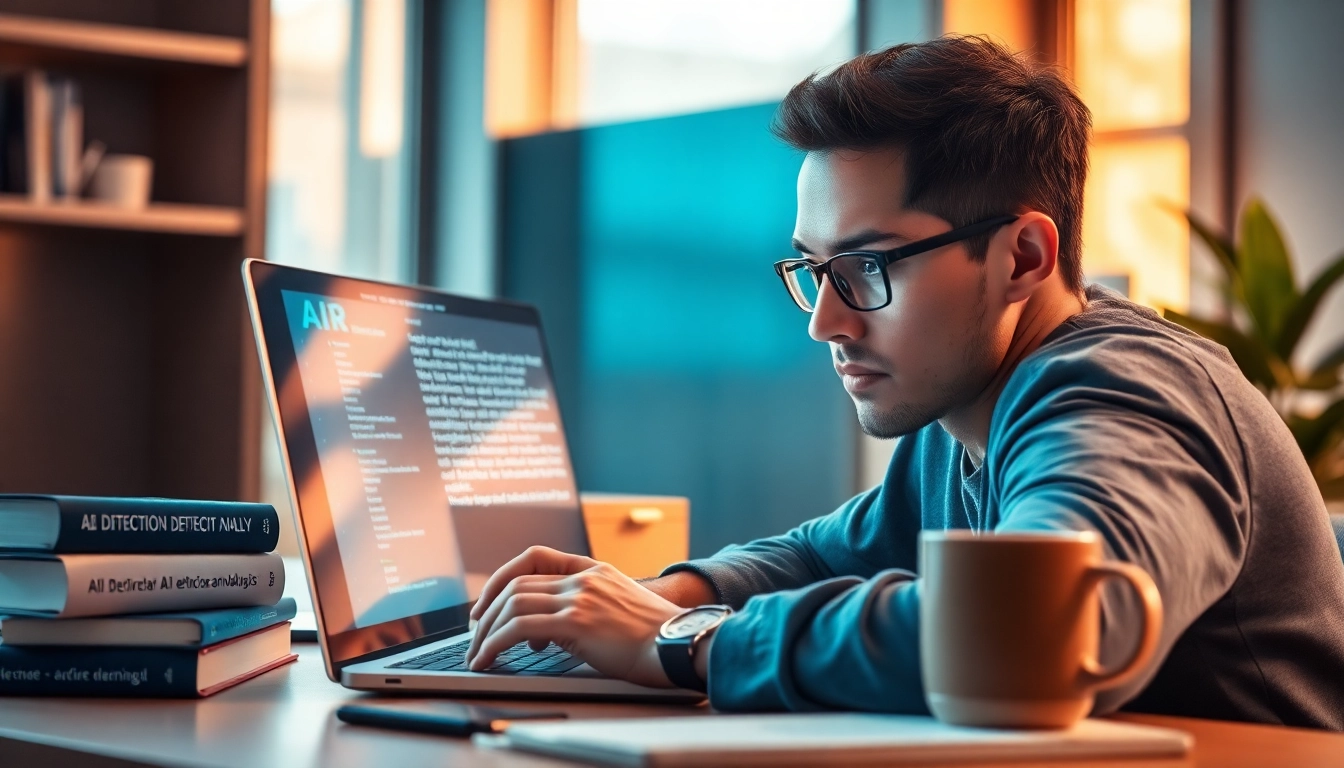 Analyze AI detection methods in a modern workspace with focused individual examining highlighted text.