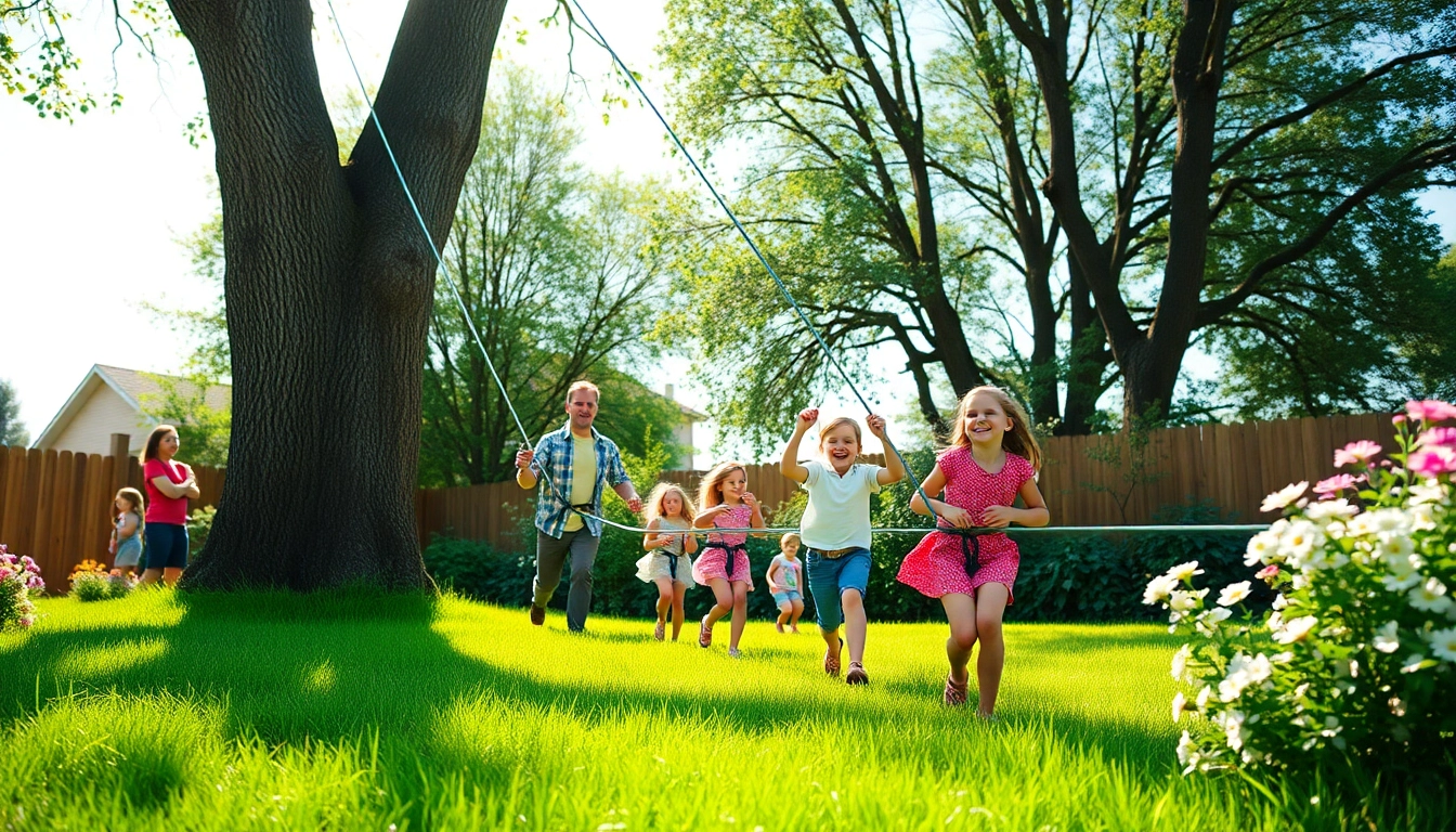 Family zip-lining on a GARDEN ZIP WIRE KIT in a vibrant backyard