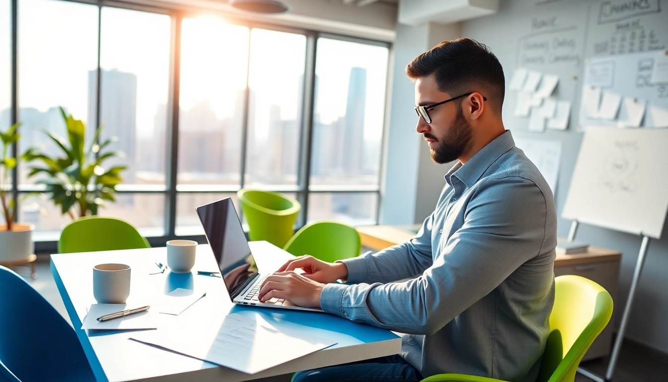 Launch Successful Startup: An entrepreneur immersed in work at a vibrant co-working space.