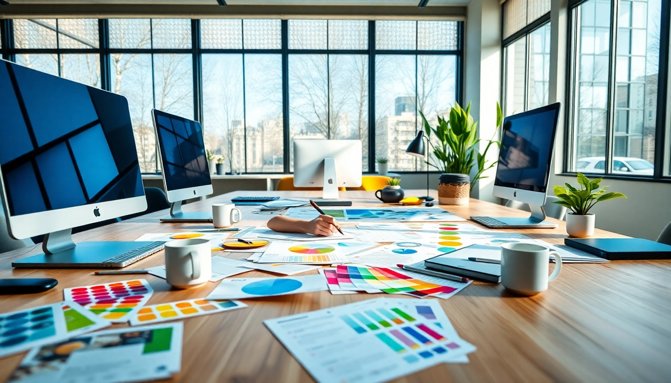 Showcase of innovative website design processes in a creative workspace with a tablet, sketches, and swatches.