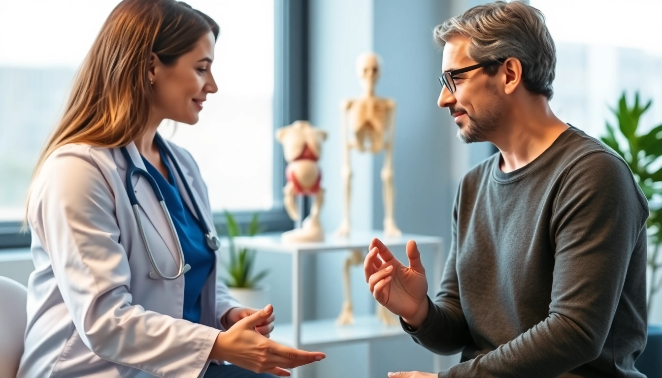Arthrose Patientenberatung in einem modernen Beratungsraum mit anatomischen Modell.