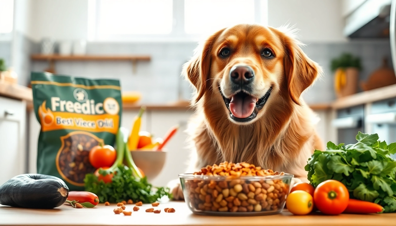 Dog enjoying dr marty pet food canada in a bright kitchen, highlighting health and vitality.
