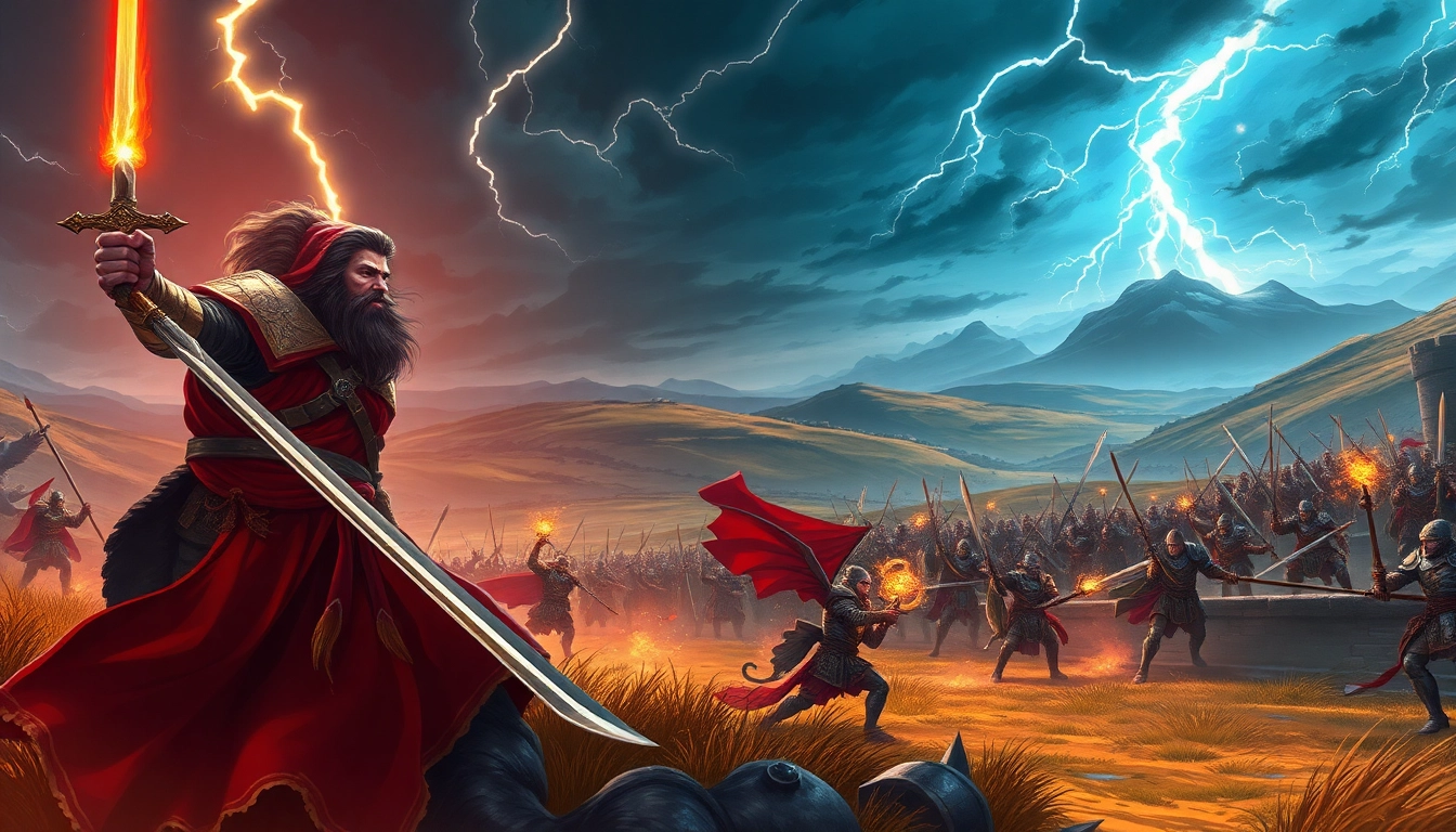 Warlords engaging in battle on a fantasy battlefield, showcasing epic action and mythical elements.