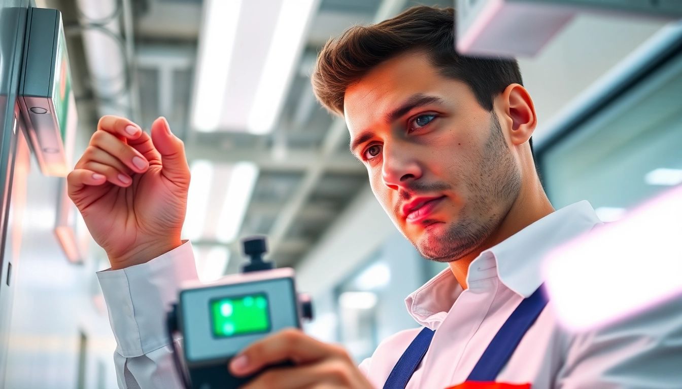 Conducting Emergency Light Testing with a technician inspecting illuminated units for safety checks.