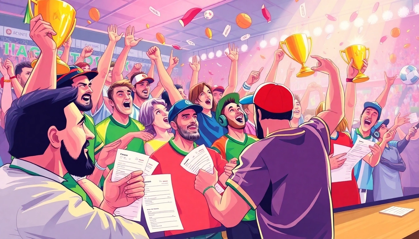 Engaging fans celebrating a mix parlay betting win in a lively sports environment.