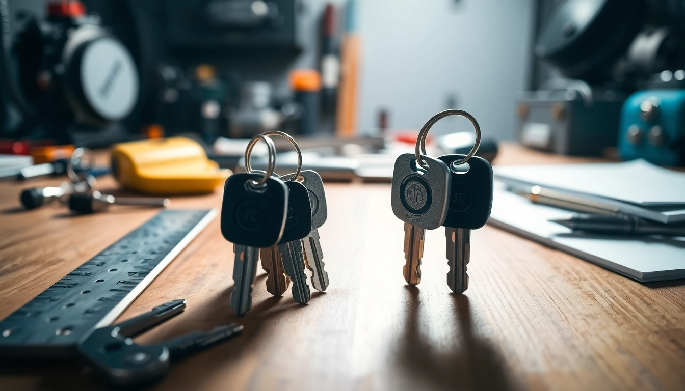 Inspecting truck keys on a workstation with tools illustrating key design.
