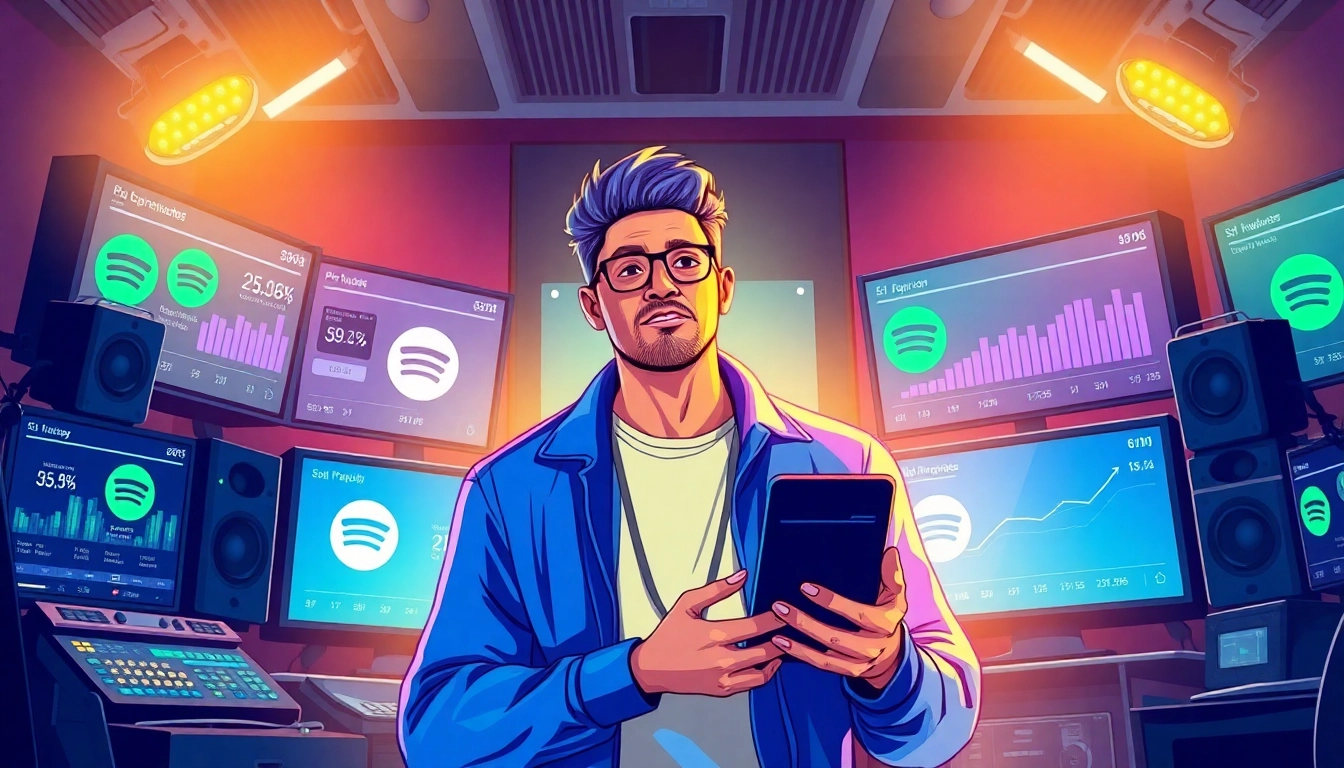 Boost your Spotify promotion with a visual of an artist engaging with digital music platforms.