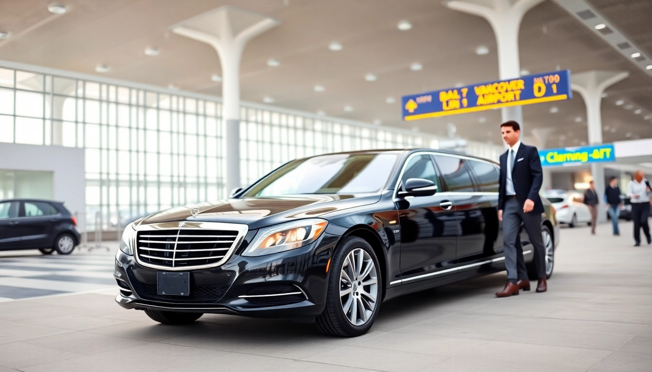 Limo Vancouver airport service with a luxury sedan and chauffeur awaiting passengers.