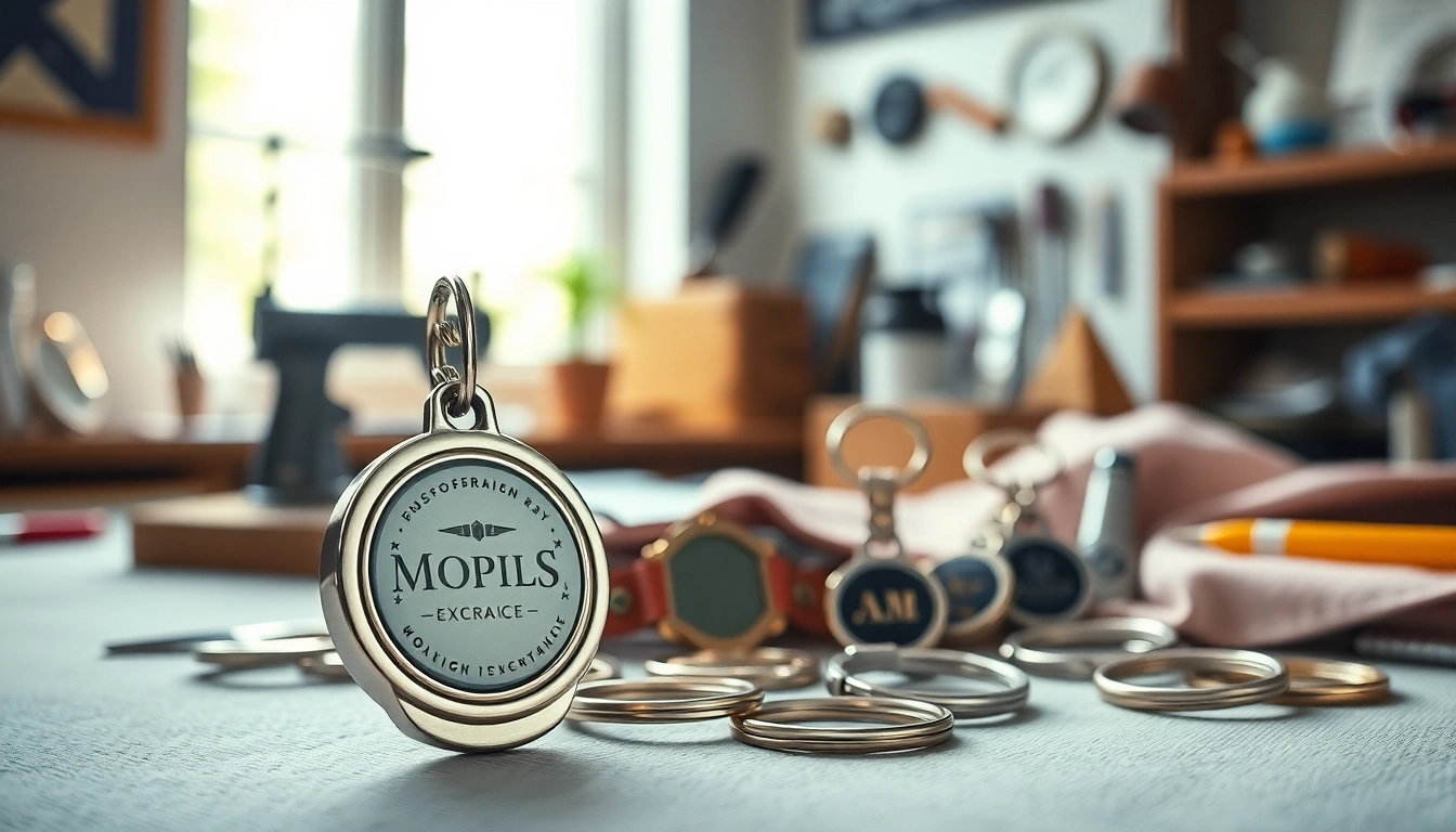 Design custom key chains with unique features and finishes showcased creatively.