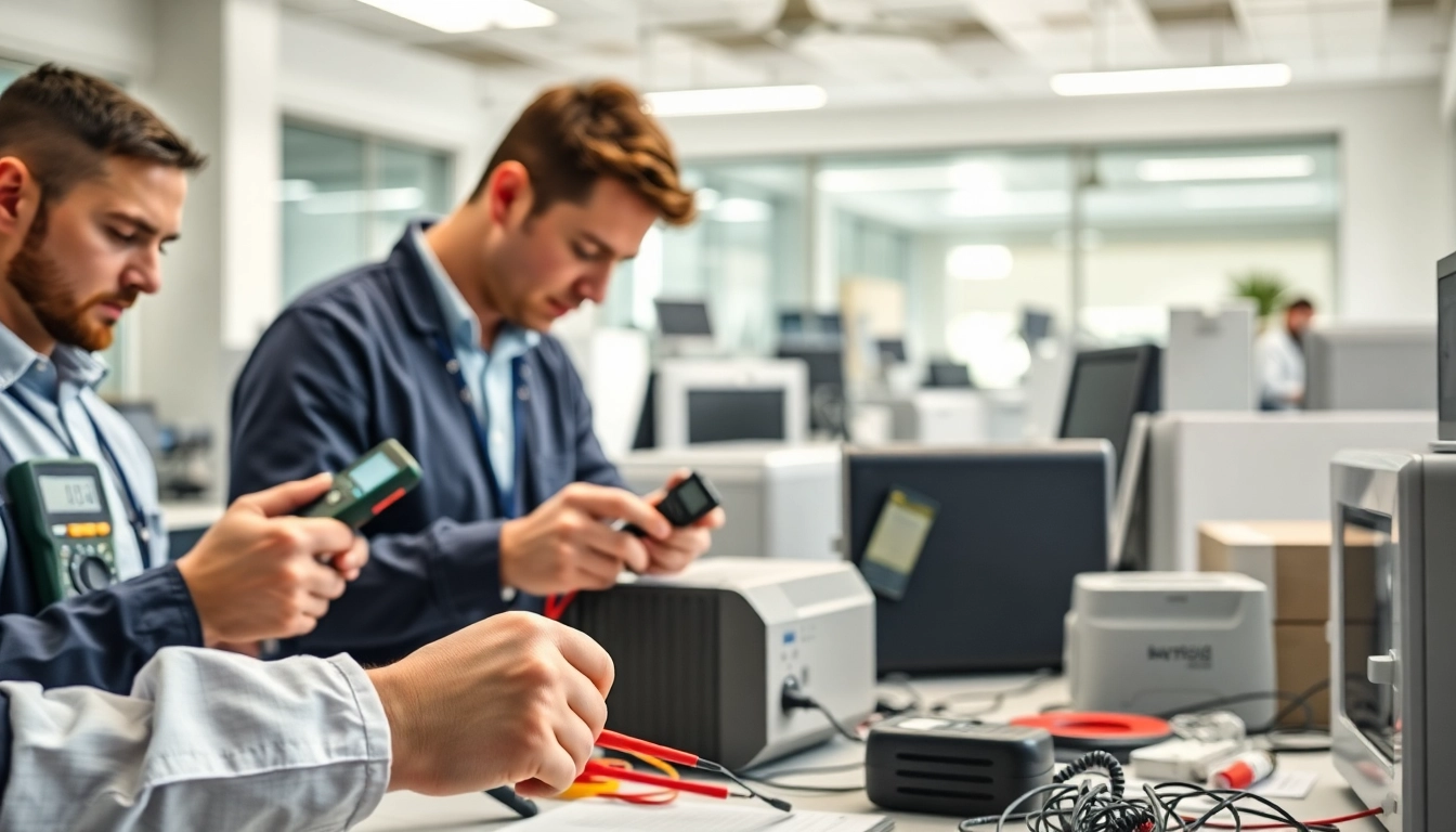 Technicians conducting Pat testing Cannock on office appliances, ensuring safety and compliance