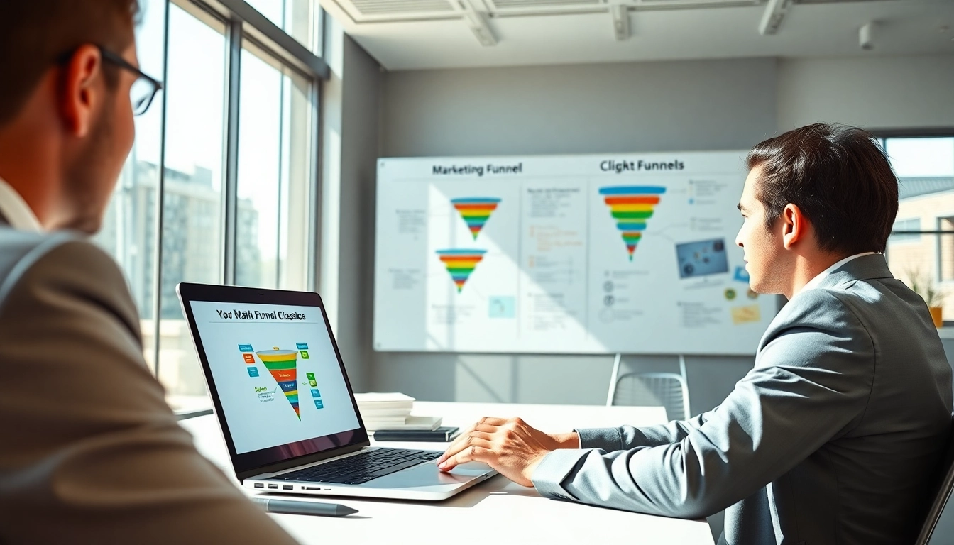 Engage with ClickFunnels Classic user interface in a vibrant office setting.