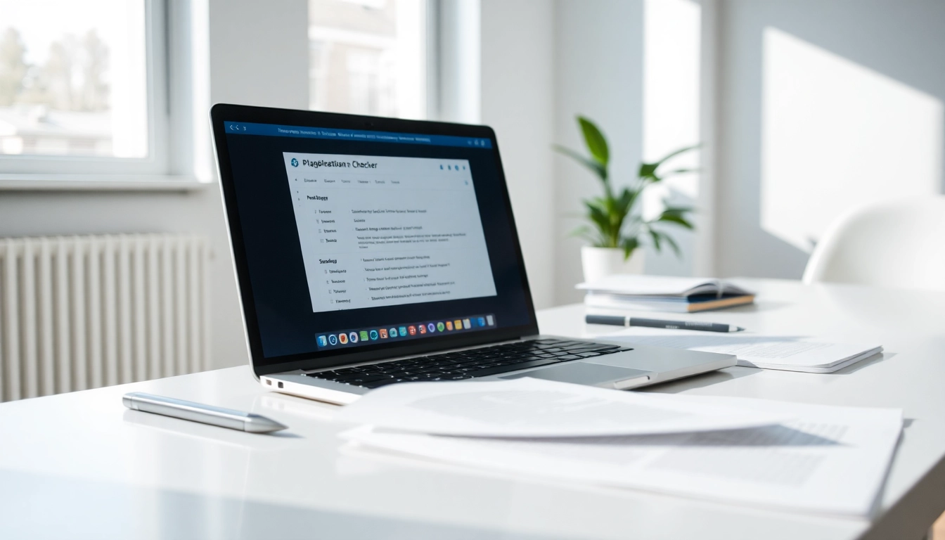 Engaging view of a plagiarism checker interface displayed on a laptop amidst organized documents.