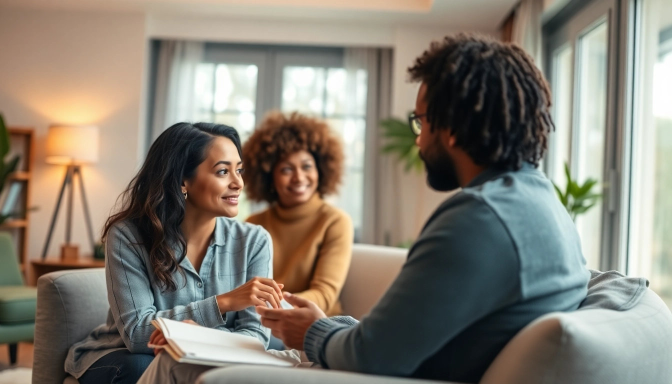 Therapist assisting a couple as an attachment theory specialist in a warm, inviting environment.