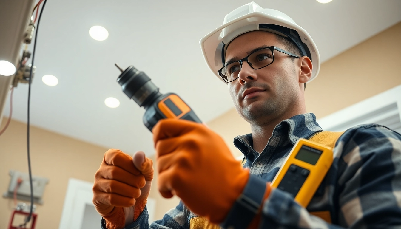Electrician conducting an Electrical Service installation with professional tools in a well-lit room.