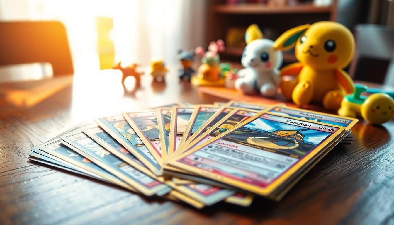 Showcasing real Pokemon cards spread on a wooden table with vibrant colors and intricate designs.