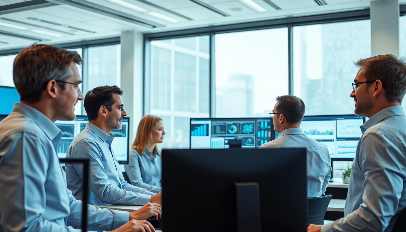 Site reliability engineering experts collaborating in a modern office environment with technology displays.