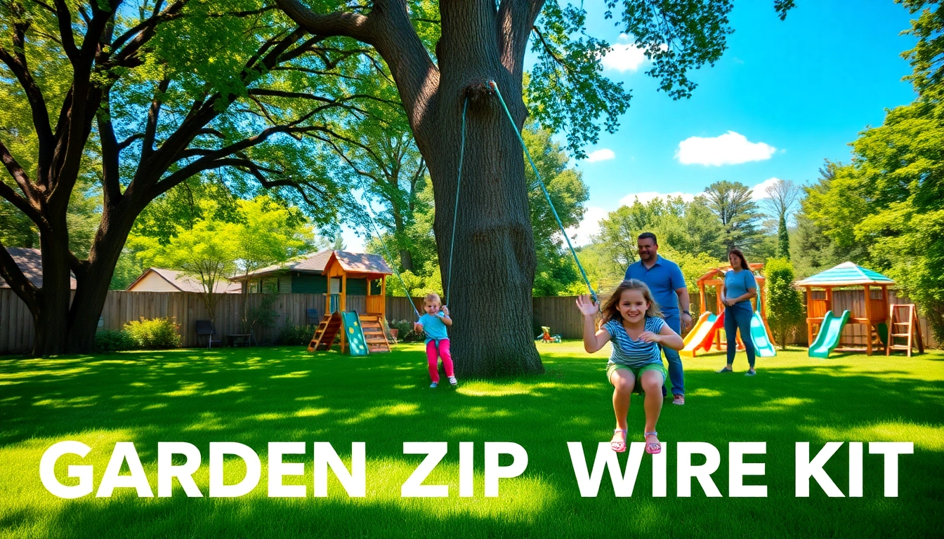 Capture the excitement of a GARDEN ZIP WIRE KIT with children enjoying the thrilling ride in a sunny backyard.