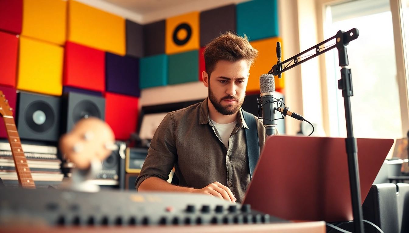 Engaging musician actively involved in music pitching to playlist curators in a vibrant studio setting.
