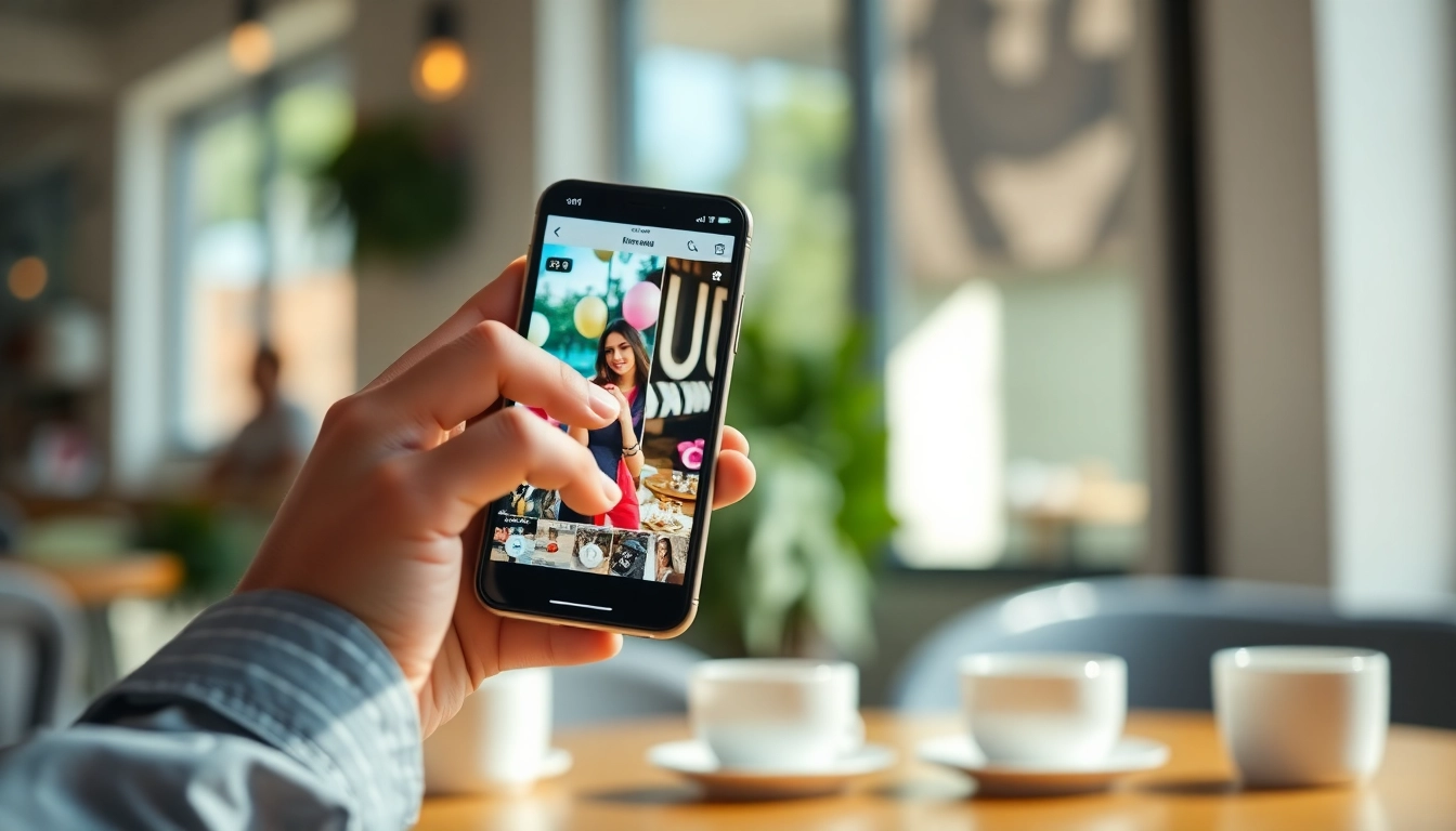 View Instagram stories on a smartphone surrounded by a vibrant cafe atmosphere.