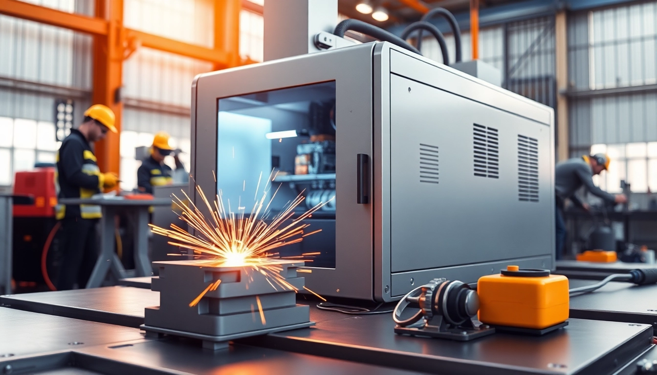 Laser welding machine meticulously welding metal components in a dynamic industrial setting.