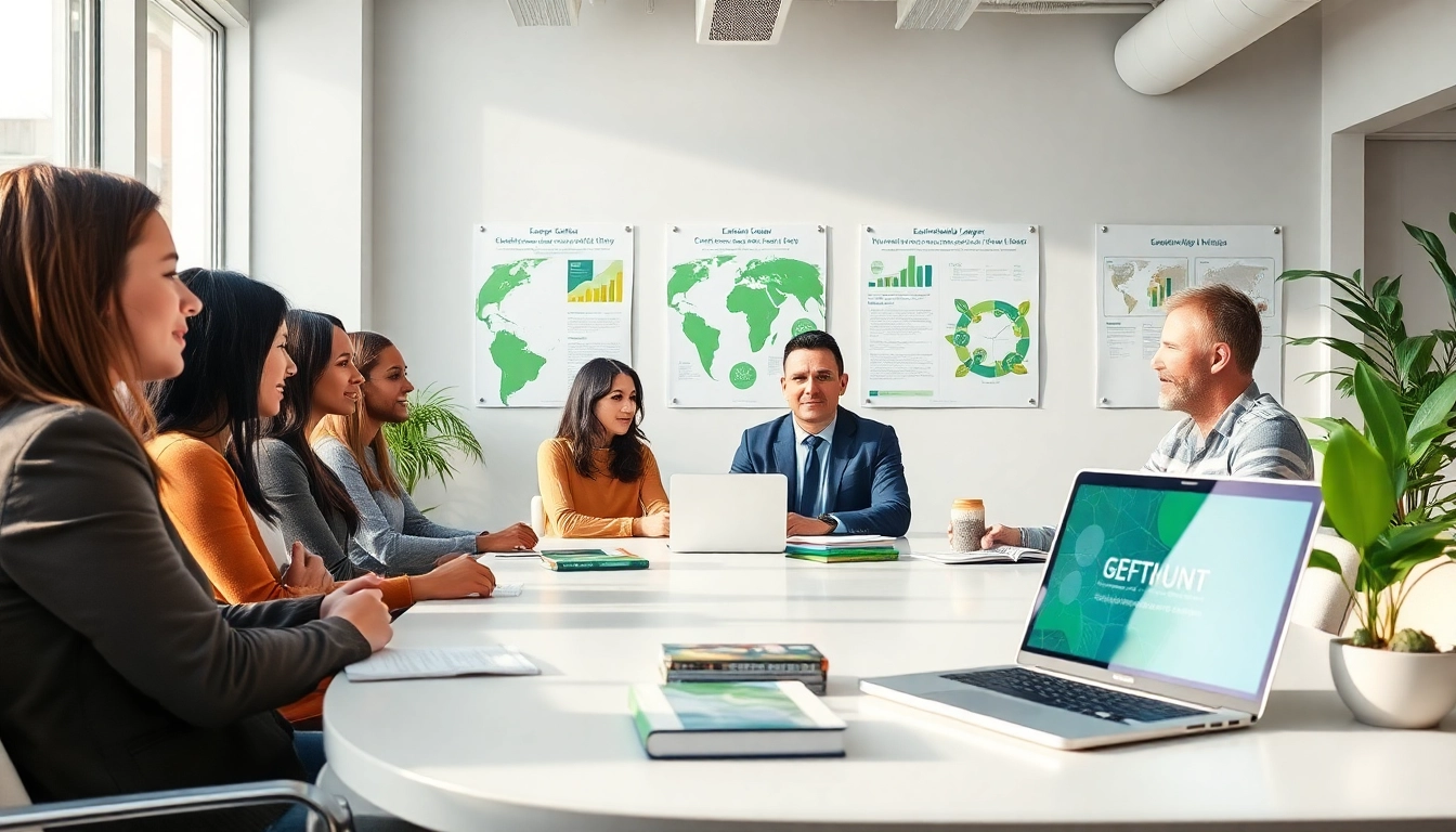 Environmental lawyer consulting with clients in a professional office setting.