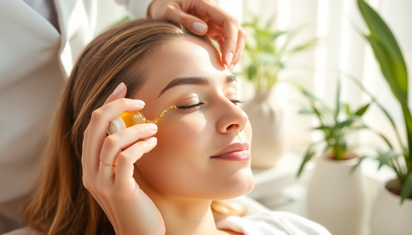 Administering vitamin C serum in a tranquil spa with lush greenery.