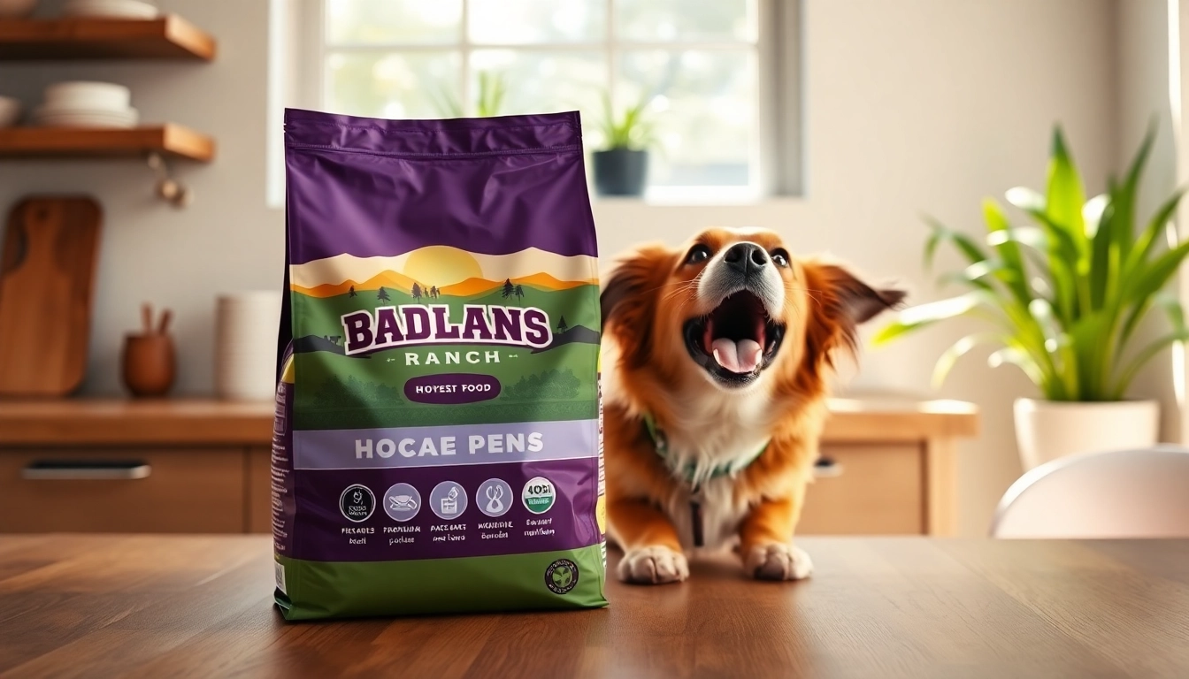 Dog exploring badlands ranch dog food packaging in a bright kitchen setting.