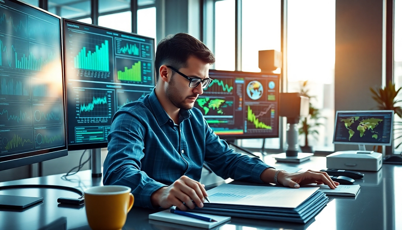 Data analyst leverages AI for competitive intelligence insights in a modern office setting