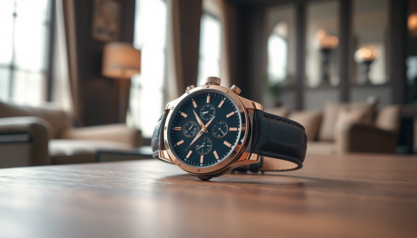 Elegantly showcase Herren Armbanduhr on a wooden table, highlighting its luxurious design.