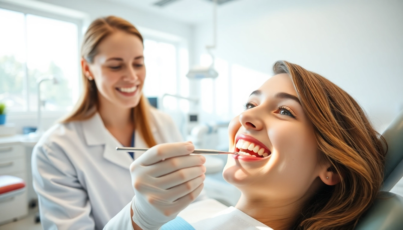 Highlight dental checkups in a friendly clinic atmosphere with a smiling dentist and patient.