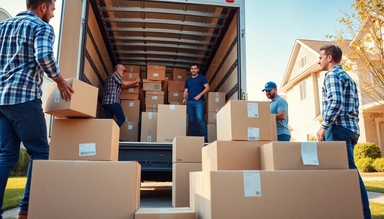 Efficient movers from https://bennettsmoving.com/ organizing boxes into a truck on a sunny day.