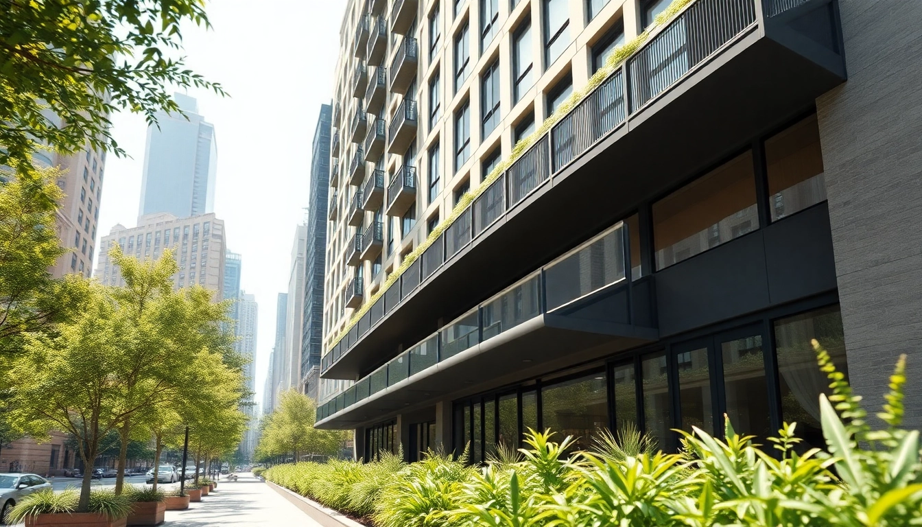 Architekturvisualisierung eines modernen Wohngebäudes mit städtischem Hintergrund und lebendiger Atmosphäre.