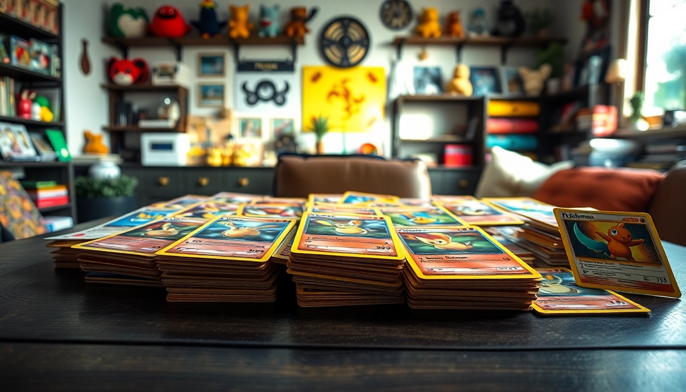 Showcasing real Pokémon cards in a vibrant collector's setting with memorabilia.