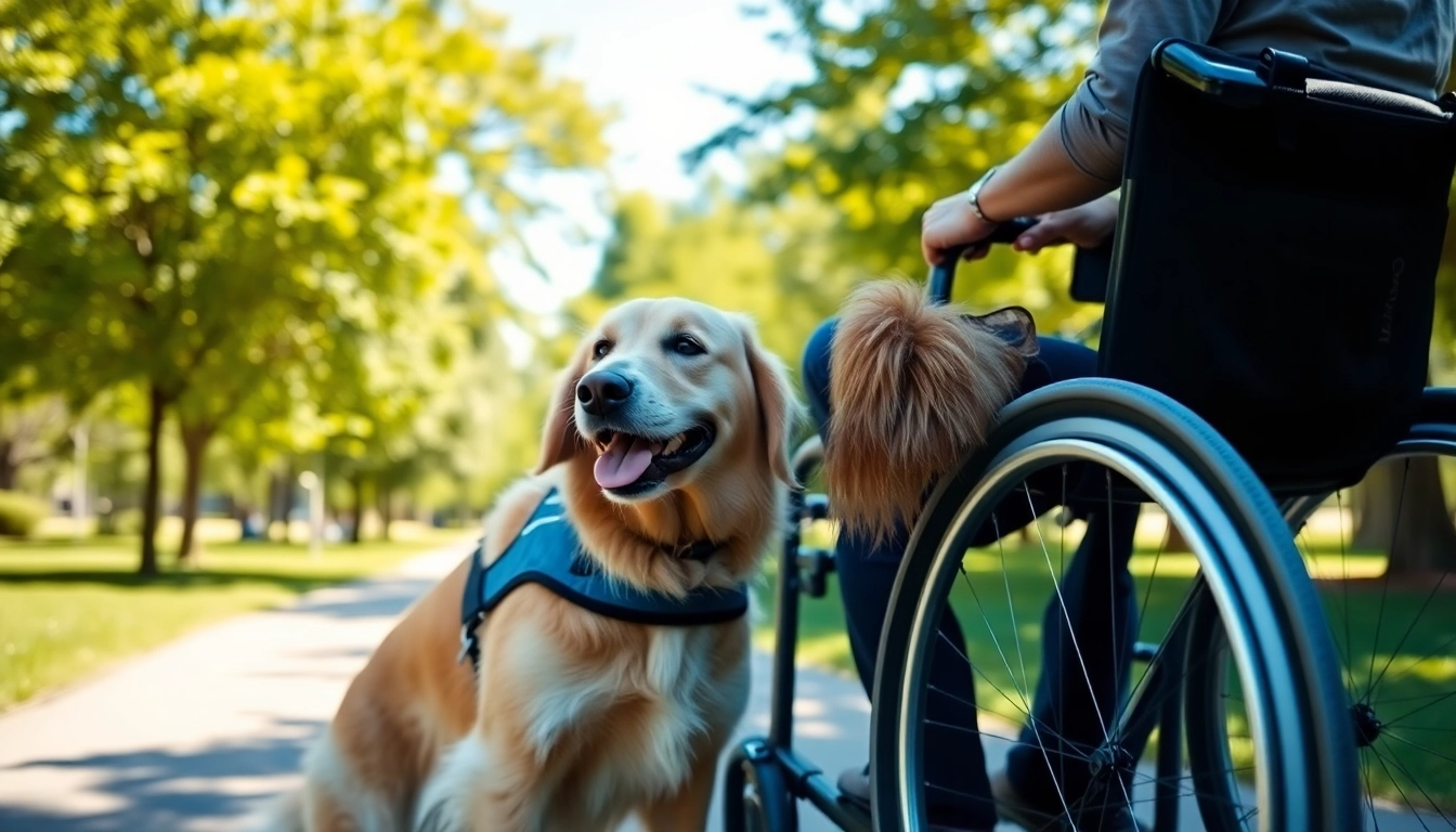 Buy a service dog, trained golden retriever assisting a person in wheelchair in a sunny park.