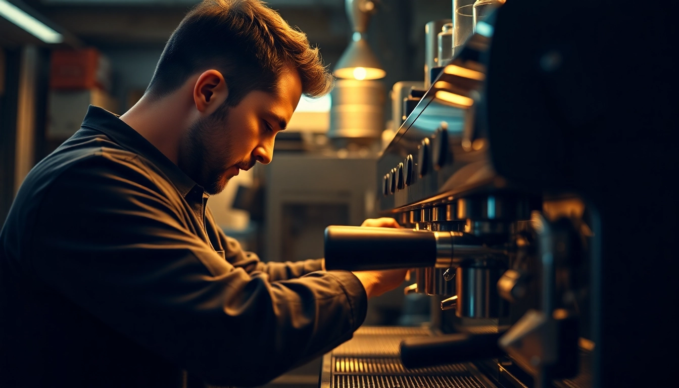Cimbali service technique in action with a technician expertly repairing an espresso machine.
