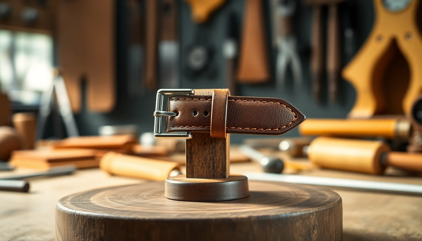 Stylish 20mm leather watch strap showcasing detailed stitching and polished buckle against a wooden stand.