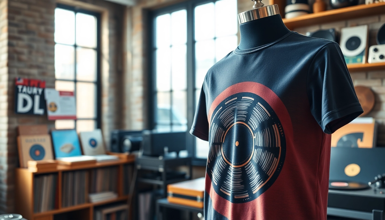 Showcasing a stylish turntable shirt with a vinyl record design in a cozy urban loft.