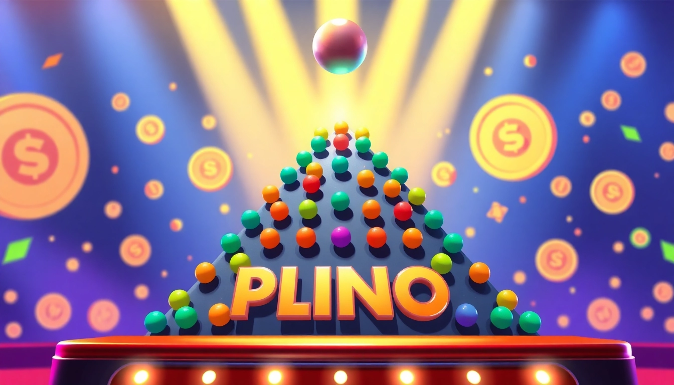 Temukan keseruan Plinko slot dengan bola jatuh di depan struktur piramida yang berwarna-warni.