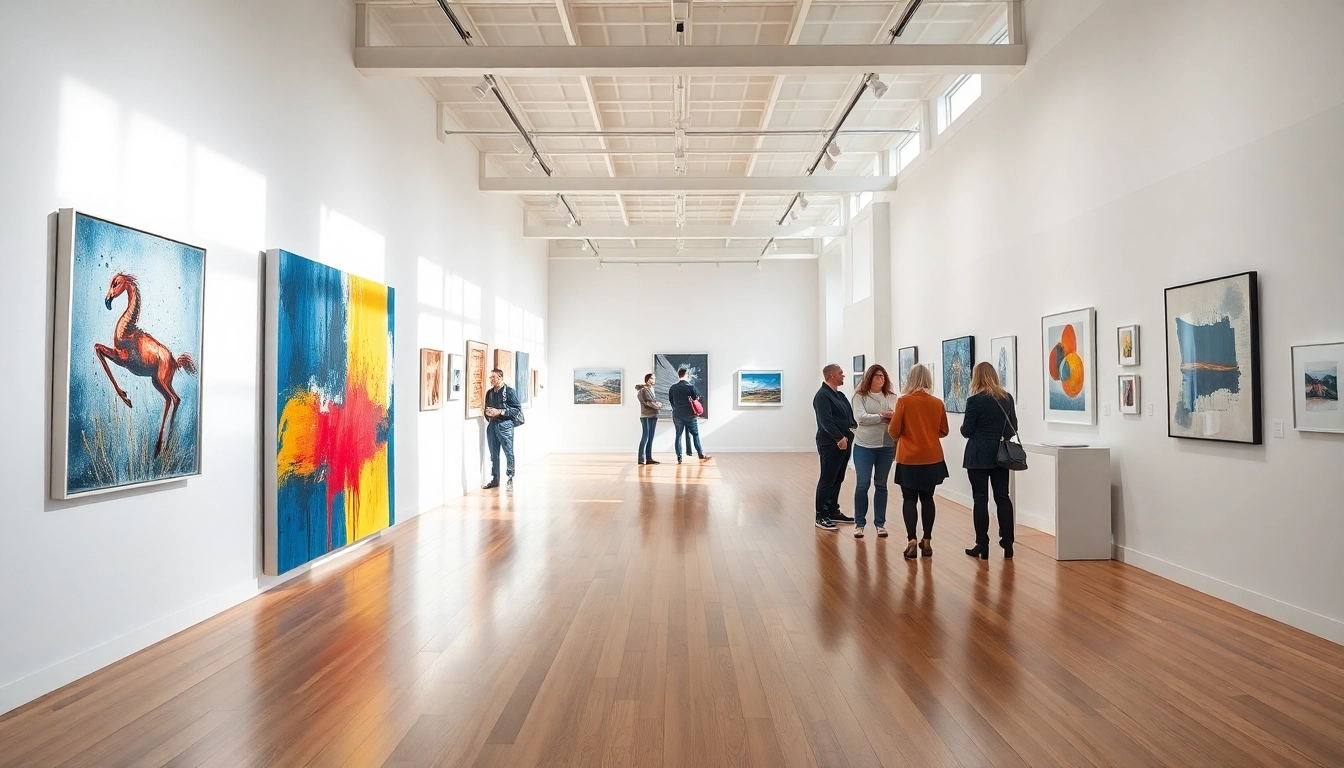 Visitors exploring the in lieu gallery showcasing contemporary artworks in a vibrant setting.