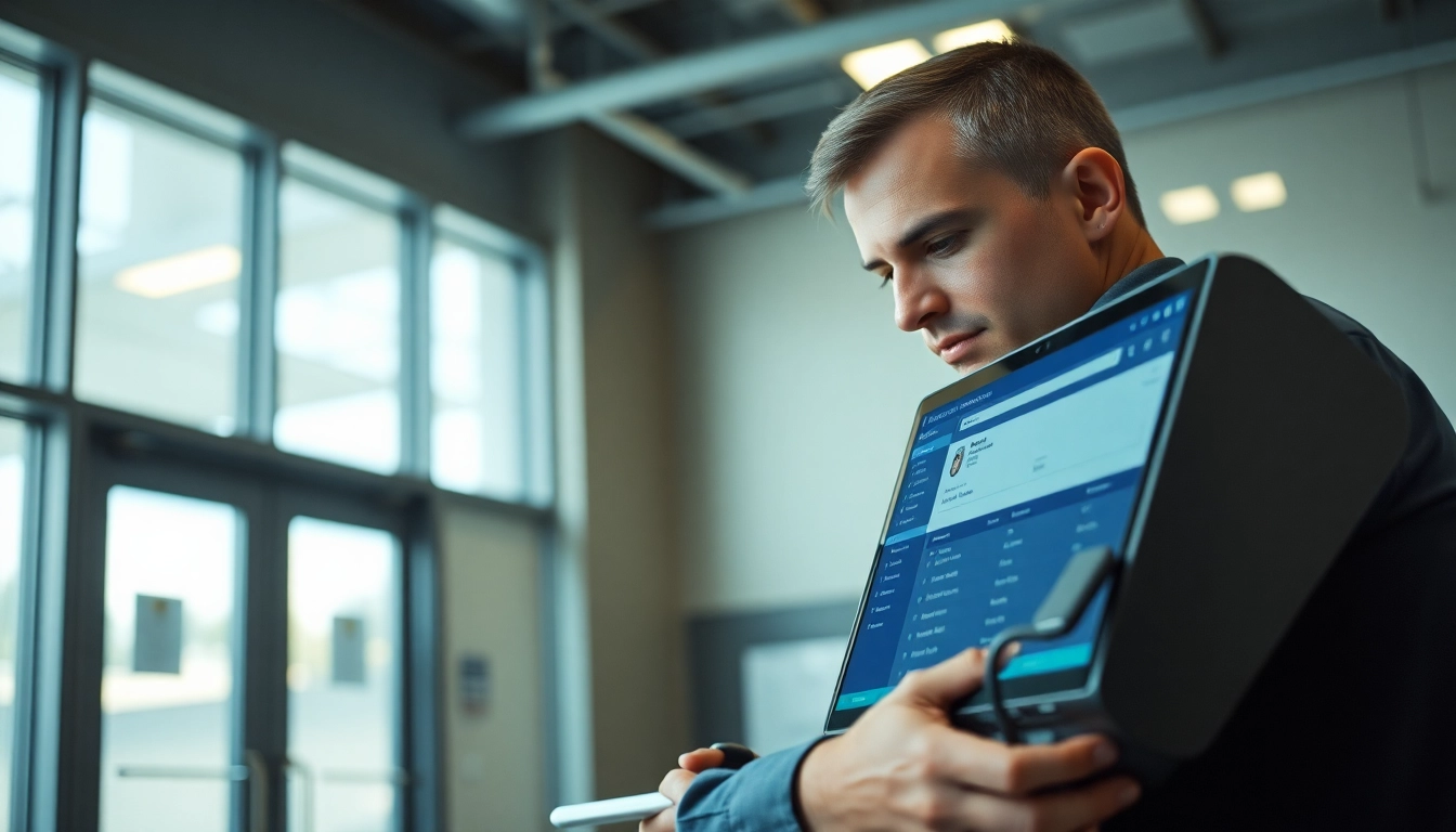 Officer conducting an orange county inmate search on a laptop in a police station.