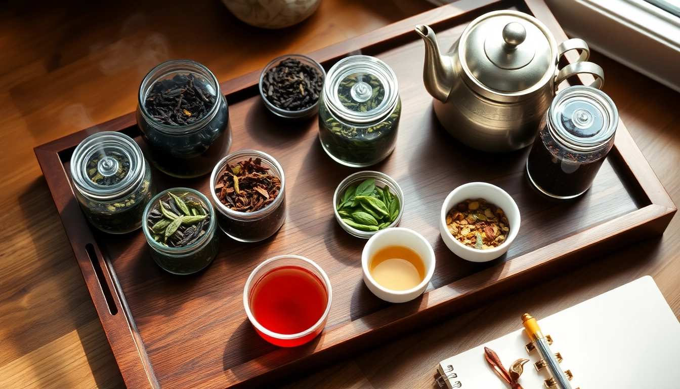 Explore single origin tea varieties arranged on a decorative wooden tray.